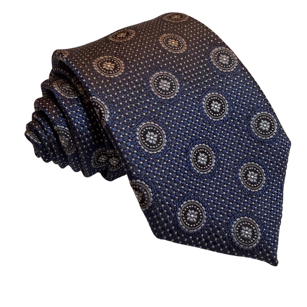 Nordstrom Men's Shop Tie OS Classic Navy Blue Brown Silk Medallion Hand Made